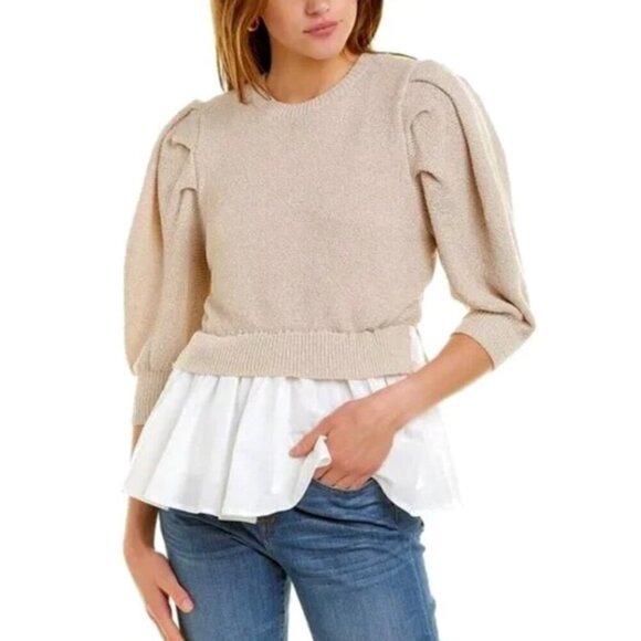 EN SAISON Mixed Media Puff Sleeve Top in Natural - Picture 1 of 10